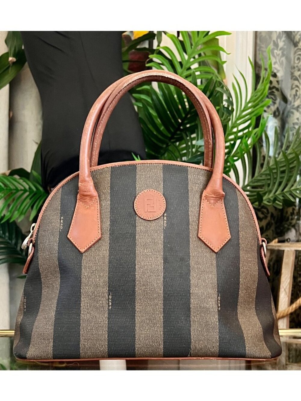 Vintage Fendi Zucca Striped Canvas & Leather Handbag